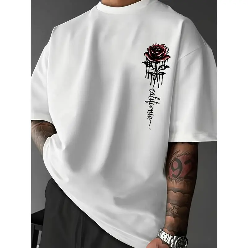 Cotton short sleeve T-shirt comfortable loose fit men's casual rose print T-shirt-crew neck, polyester blend, quick-drying, summer wear