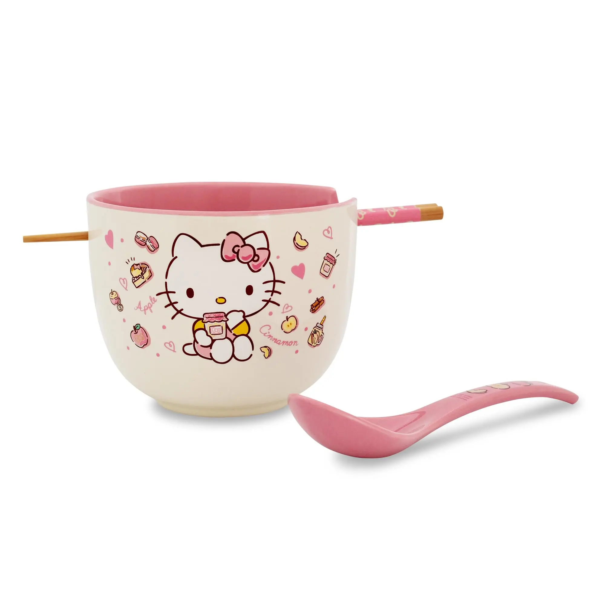 Sanrio Hello Kitty Apples and Cinnamon 20-oz Ramen Bowl with Cutlery & Chopstick Set, Kitchen Tableware Set
