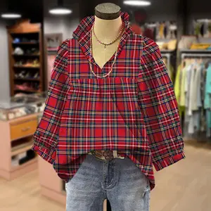 Cherrybetty Classic Christmas Plaid Ruffle V-Neck Bubble Long Sleeve Top in Festive Red Checkered Design Casual Party Cute Women's Fall Outfits Game day Elegance Blouses