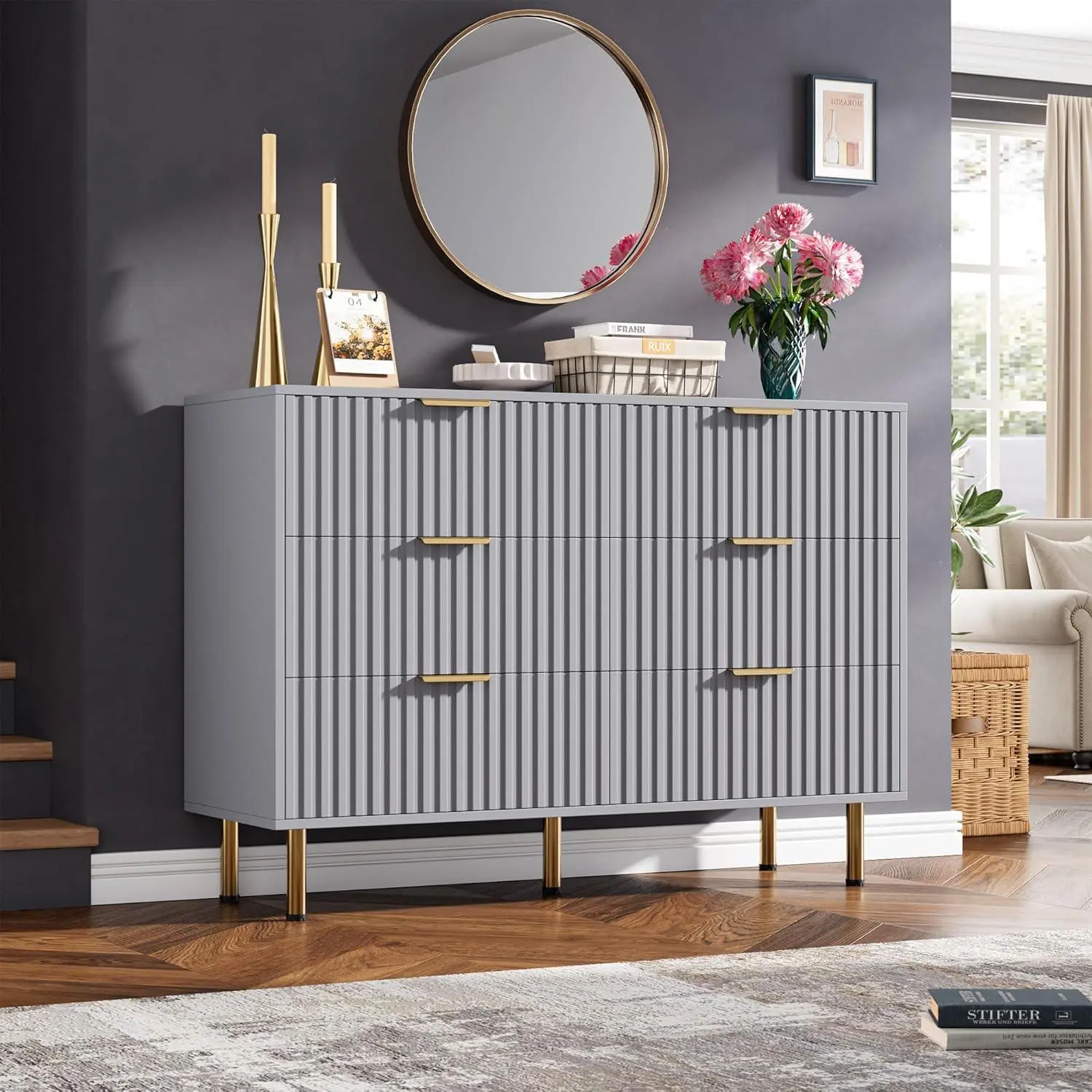 Gaomon Gray Transitional 6-Drawer Fluted Front MDF Wood Dresser, 47.2in Wide Odor-Free Deep Drawers, Thick Base Double Dresser TV Stand Organizer for Bedroom, Living Room, Gray Transitional Dresser