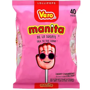Vero Manita de la suerte Hard candy lollipop, Cherry & Strawberrt flavored bag with 40 pieces