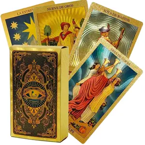 Golden Tarot Deck, Spanish and English Version, 2-Languages Paper Guidebook, 12x7cm, 78 Classic Taro Cards, Card Games, 14+