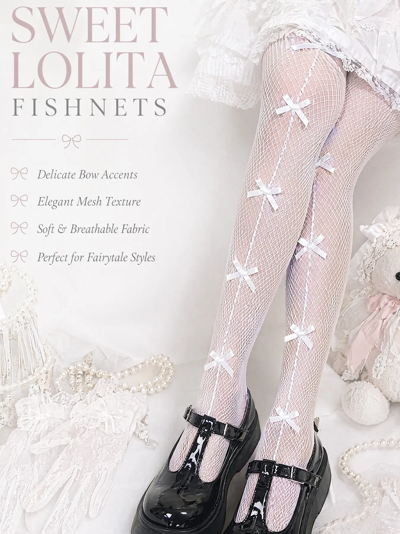 Women's Fashion Japanese Lolita Sweet Cute Bow Decorative Mesh Stockings, Casual Plain Design, All Seasons Wear, Comfortable, Stylish & Breathable