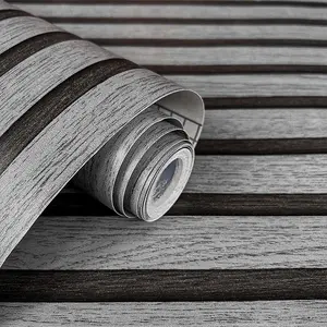 Deep Grid Wood Grain Self-Adhesive PVC Wallpaper, Waterproof Moisture-Proof Removable Striped Design, Home Hall TV Wall Decor Sticker, Peel and Stick Wallpaper Designs