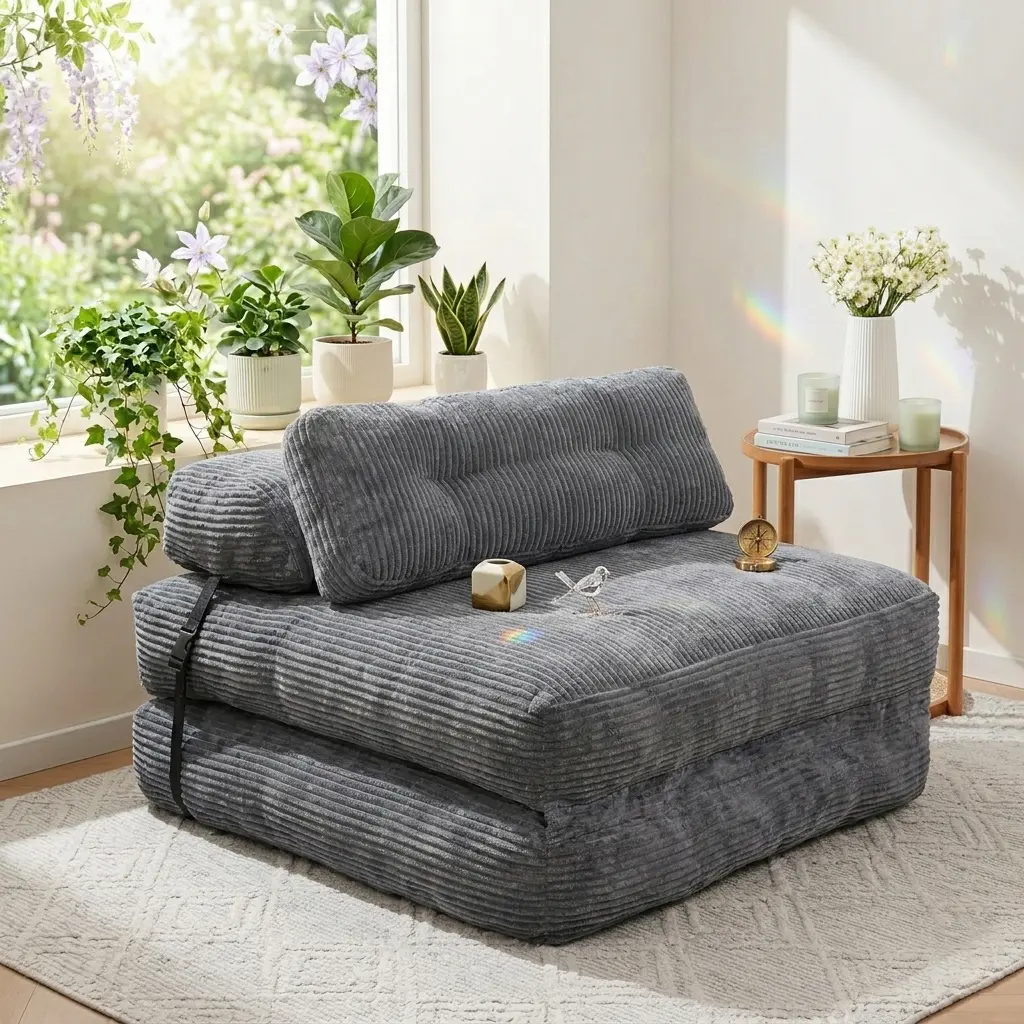 HYRORA Folding Sofa Bed with Pillow Convertible Sleeper Chair with Back Support Corduroy Portable Fold Out Chair  Single Bed Comfy   for Living Room sofa lounge floor SummerVibes