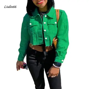 Women's denim short jacket, solid color long sleeved lapel jacket, button down ruffled denim jacket, women's polyester green yellow top, casualRAIMENTRY