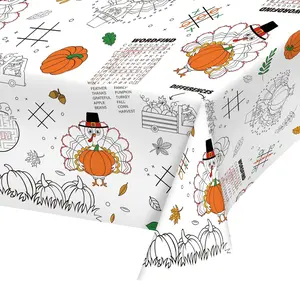 Disposable Fall Thanksgiving Color-in Paper Tablecloth Decoration，Turkey Thanksgiving Day Paper Table Cover for Autumn Children School Party Decor-54 x 88 in