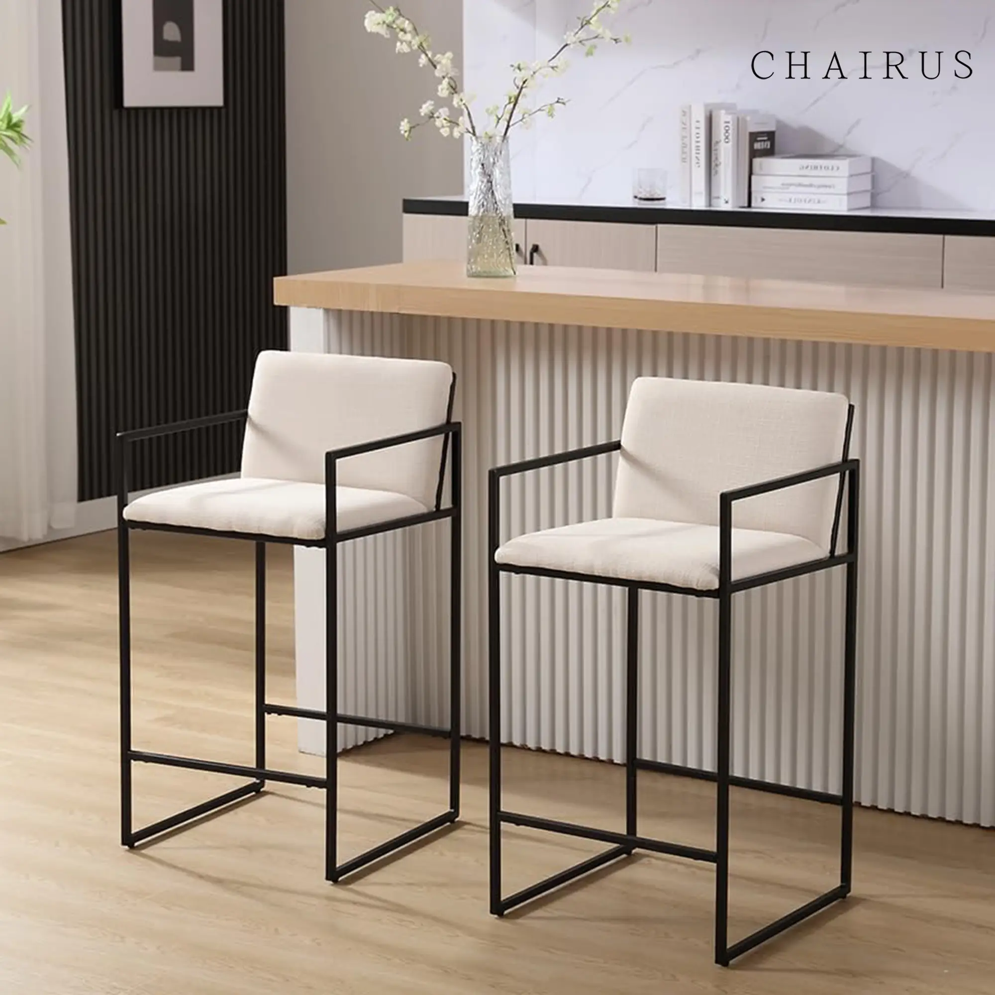CHAIRUS Modern Counter Height Bar Stools Set of 2, 25.5 Inch, Linen Comfy Upholstered Bar Stools with Back and Armrest, Counter Chairs Barstools with