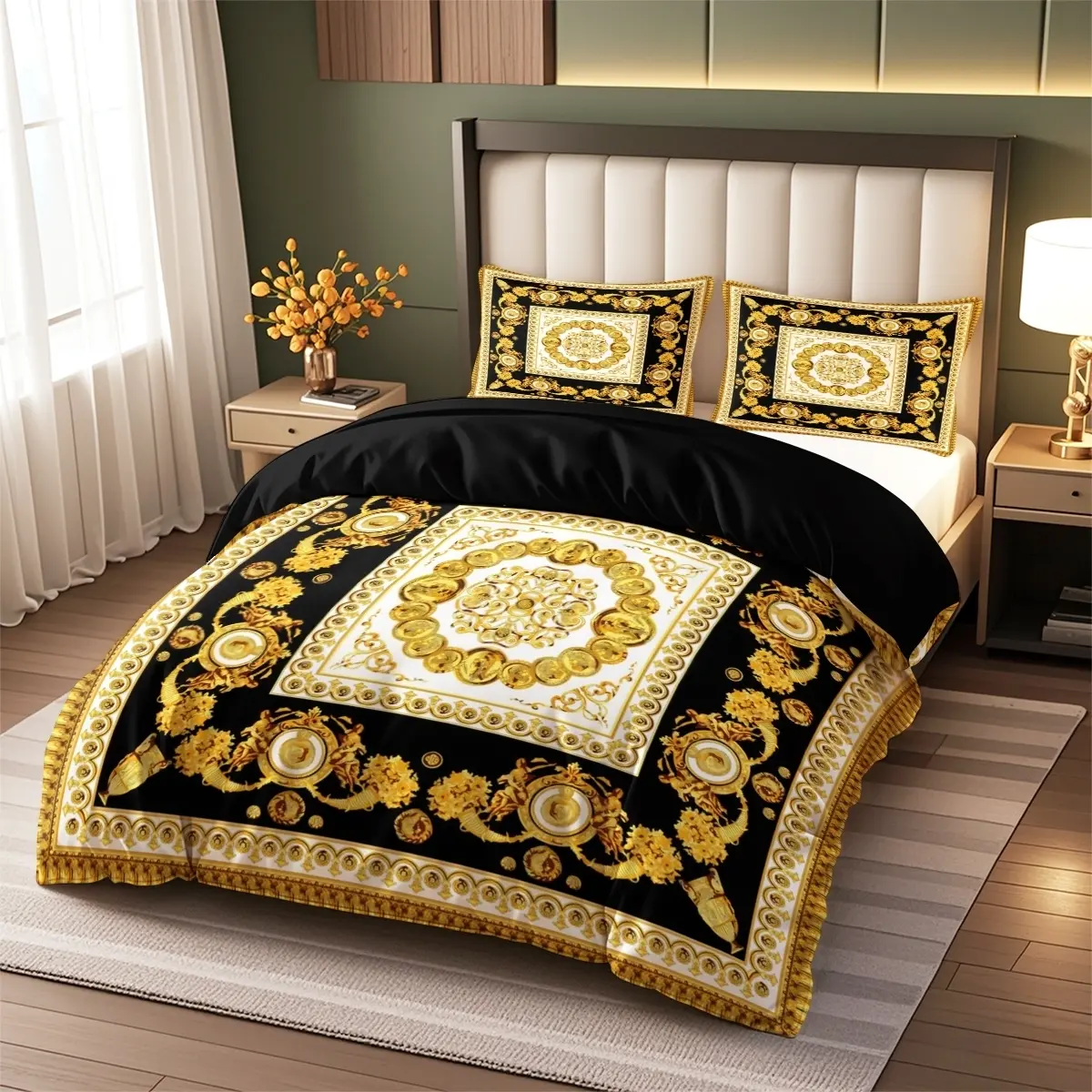 Luxury Gold Digital Print Bedding Set, Soft Breathable Fabric, All Seasons, 1 Fitted Sheet + 2 Pillowcases, Bed Sets