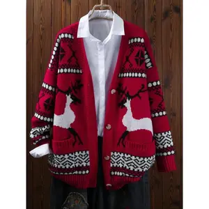 【Plus Size】 Christmas Reindeer Print Sweater Cardigan, Casual Long Sleeve Knitwear for Winter, Women's Plus Clothing for Daily Wear