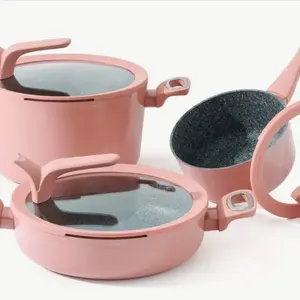 Nonstick Induction Compatible Pots and Pans, 6pcs Cookware Set with Standable Lids & Stay-Cool Handle, Dishwasher Safe, Versatile Healthy PFOA-Free Kitchen Cookware Set, Includes Saucepan, Sauté Pan, Stockpot, Oven Safe to 320°F, Pink