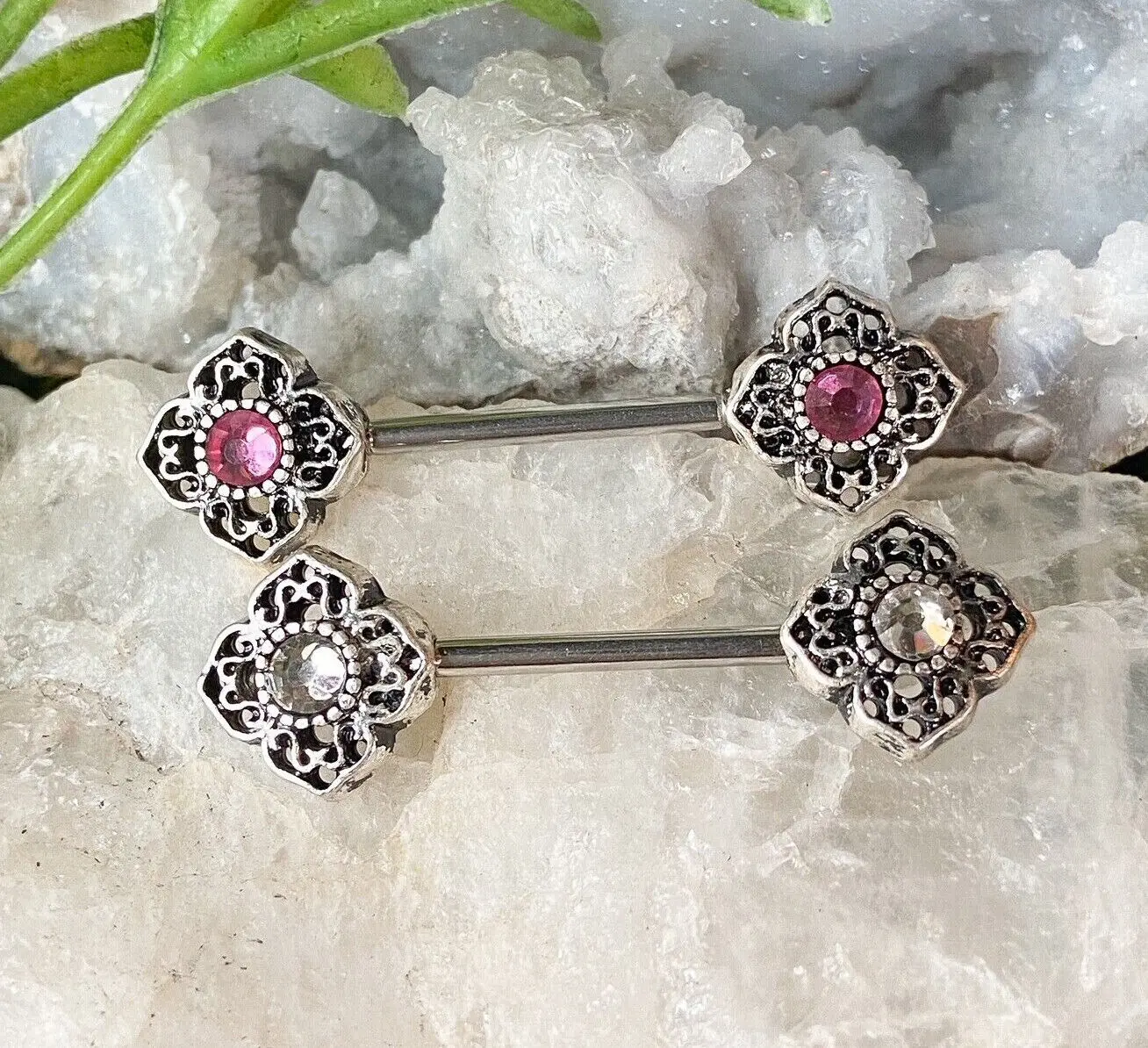 PAIR Gem Tribal Flower Nipple Rings Shields Barbells 14g Body Piercing Jewelry - Only Clear Left In Stock!