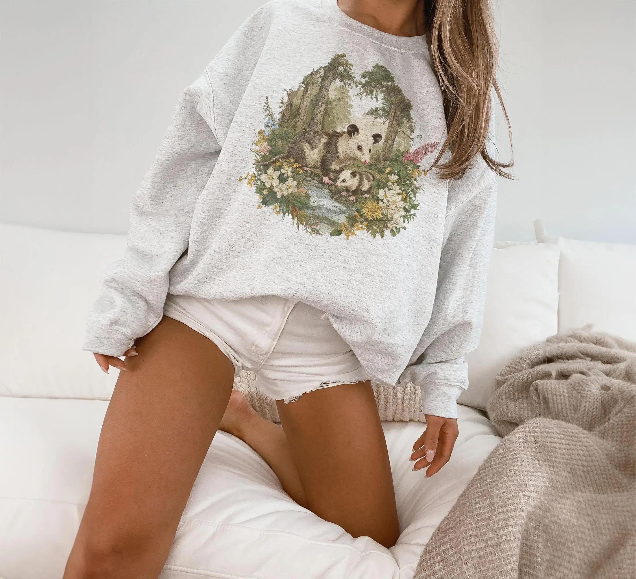 Retro Possum & Baby Wildflower Forest Sweatshirt - 90s Cute Opossums Woodland Creatures Outfit - Boho Unisex Crewneck Sweatshirt
