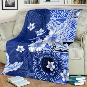 Samoa Pattern With Navy Blue Hibiscus Blanket Soft, Warm And Comfortable, Suitable For Sofa, Bed, Car, Office, Camping |   All-Season Gift Blanket summervibes