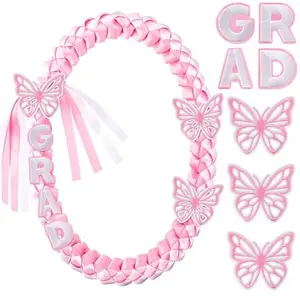 Girly Graduation Leis Class of 2026 1 Pcs Coquette Grad Ribbon Double Braided Necklace with Butterfly Flower GRAD Pins Handmade Leis Grad Gifts for Female Graduates Senior College Students Daughter Besties Girlfriend for Grad Ceremony Party Photo Props