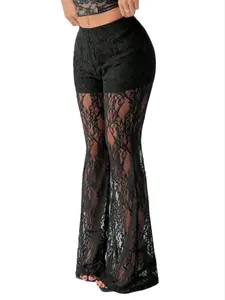 Women's Solid Lace Flare Leg Pants, Sexy Comfy  Bell Bottom Trousers for Daily Wear, Ladies Bottoms for Summer