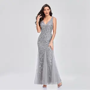 Elegant women’s V-neck mermaid prom dress with tulle embroidery and sequins—sexy, comfortable, and formal