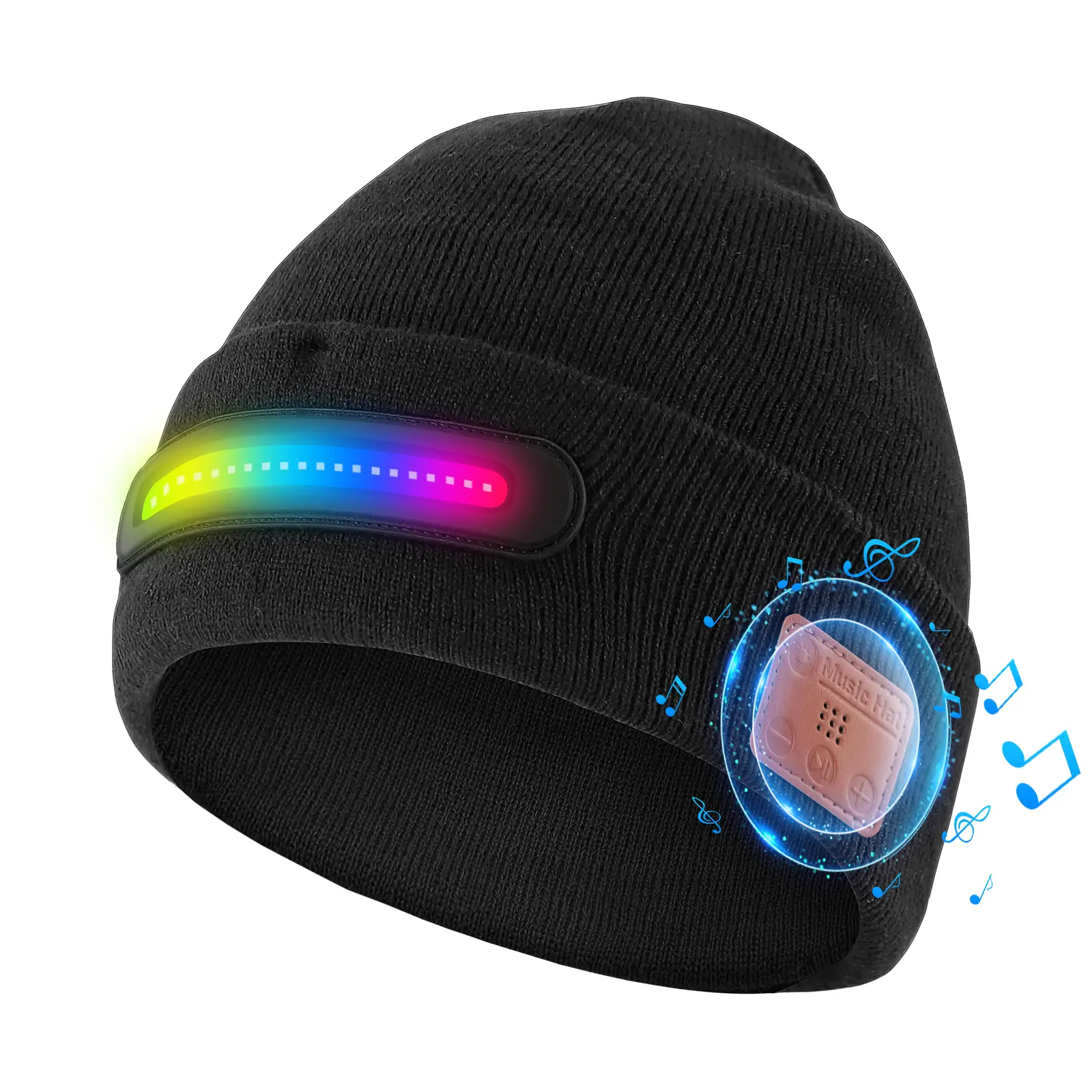 Knitted Sports Hat for Men & Women, Winter Beanie with Rechargeable LED Headlight and Bluetooth Speakers for Night Running, Knitted Hat, Led Lights, Rechargeable Power For Repeat Outings, Unisex Fit, Usb Powered, Led Glow Guides Your Night Route
