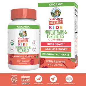 MaryRuth's USDA Organic Kids Multivitamin & Postbiotics Gummies - Vegan, Non-GMO, 60 Count - Mixed Berry & Cherry Flavored - Essential Nutrients for Kids
