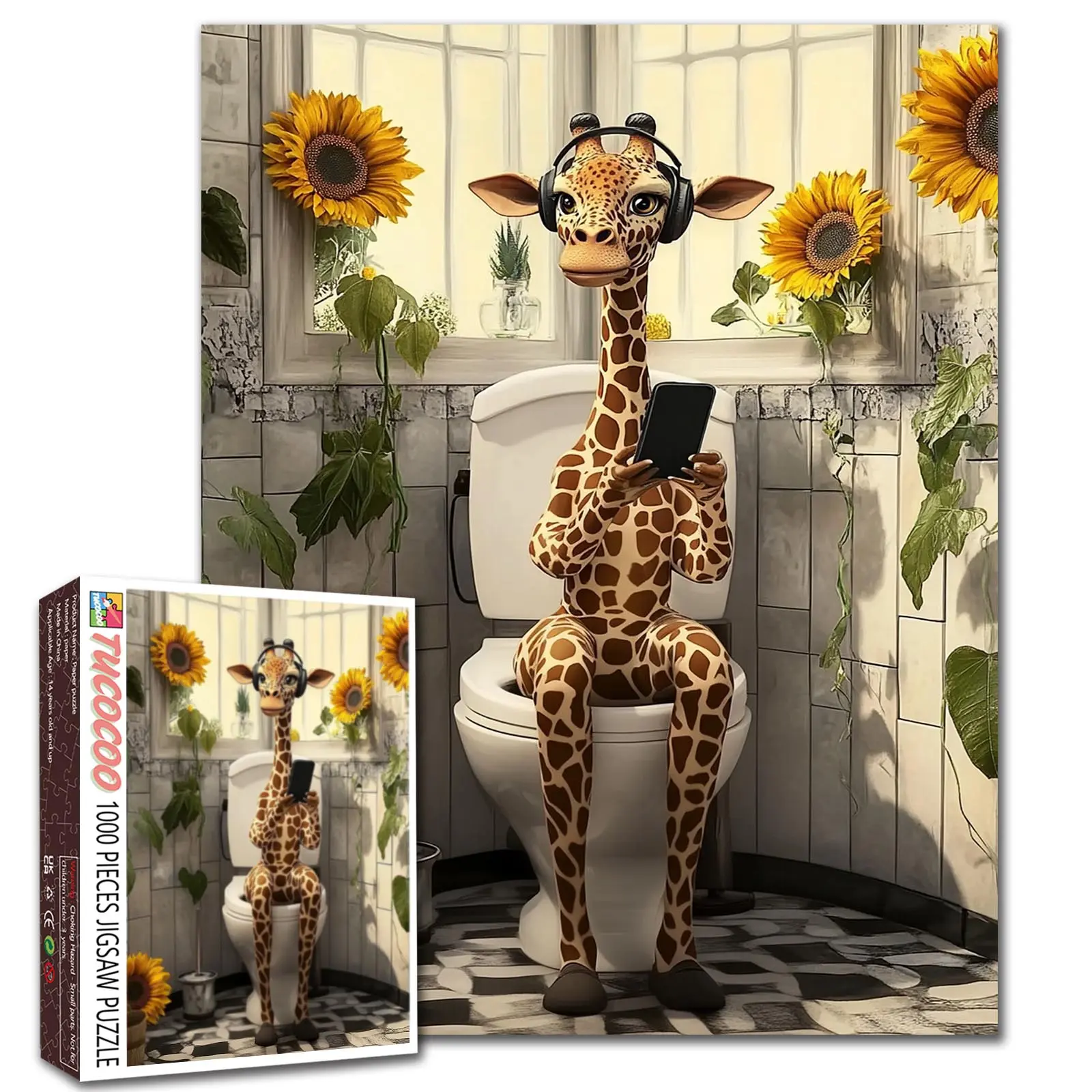 Tucocoo 1000-Piece Funny Giraffe Bathroom Jigsaw Puzzle - Whimsical Animal with Sunflower, Headphones, Reading Tablet Humor Artwork - Wall Decor, Brain Challenges, Memory Training & Observation - 27.5x20in (70x50cm) Unique Gift Idea for Adults Art Puzzles