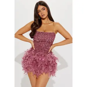 Zoey Feathered Sequin Mini Dress - Mauve