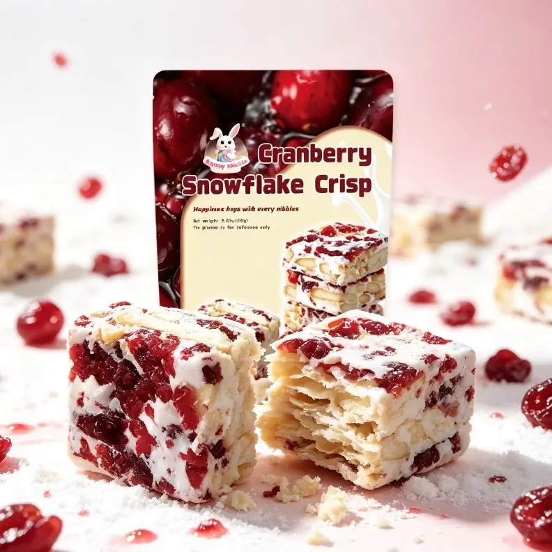 1 Pack Cranberry Snowflake Crisp Milk Nougat Pastry - Low Sodium Snacks, Chewy Cranberry Nut Candy, Individually Packed Room Temp Treats for Party & Travel, Perfect Gift storage shelf life, Individual Packs