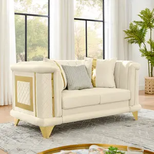 69 Inches Velvet Loveseat Luxury Sofa with Gold Stainless Steel Trims and Embroidered Texture, Mid Century Modern Victorian Tufted Couch for Living Room with 1 Fur & 2 Gold Strip Pillows, Beige