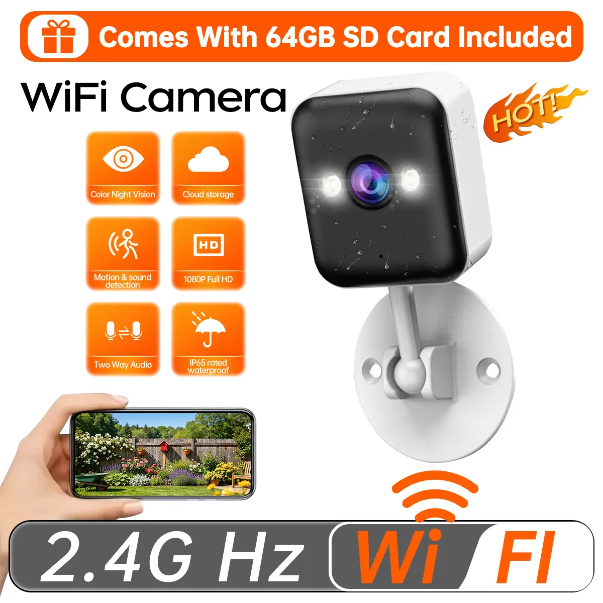【JOOAN Mini Security Camera With 64GB SD Card】1080P WiFi Indoor & Outdoor Camera, Color Night Vision, Motion Detection Alerts, Two-Way Audio, Remote App Control, IP66 Waterproof, 24/7 Recording, SD & Cloud Storage, Easy Setup, 1-Year Warranty