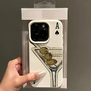Vintage White Martini Glass with Black Spade Pattern TPU Full-Body Anti-Drop, Protection Precise Case for Apple iPhone 11/12/13/14/15 Pro Max, Suitable as a Birthday and Christmas Gift for Couples, Women, Teenage Girls