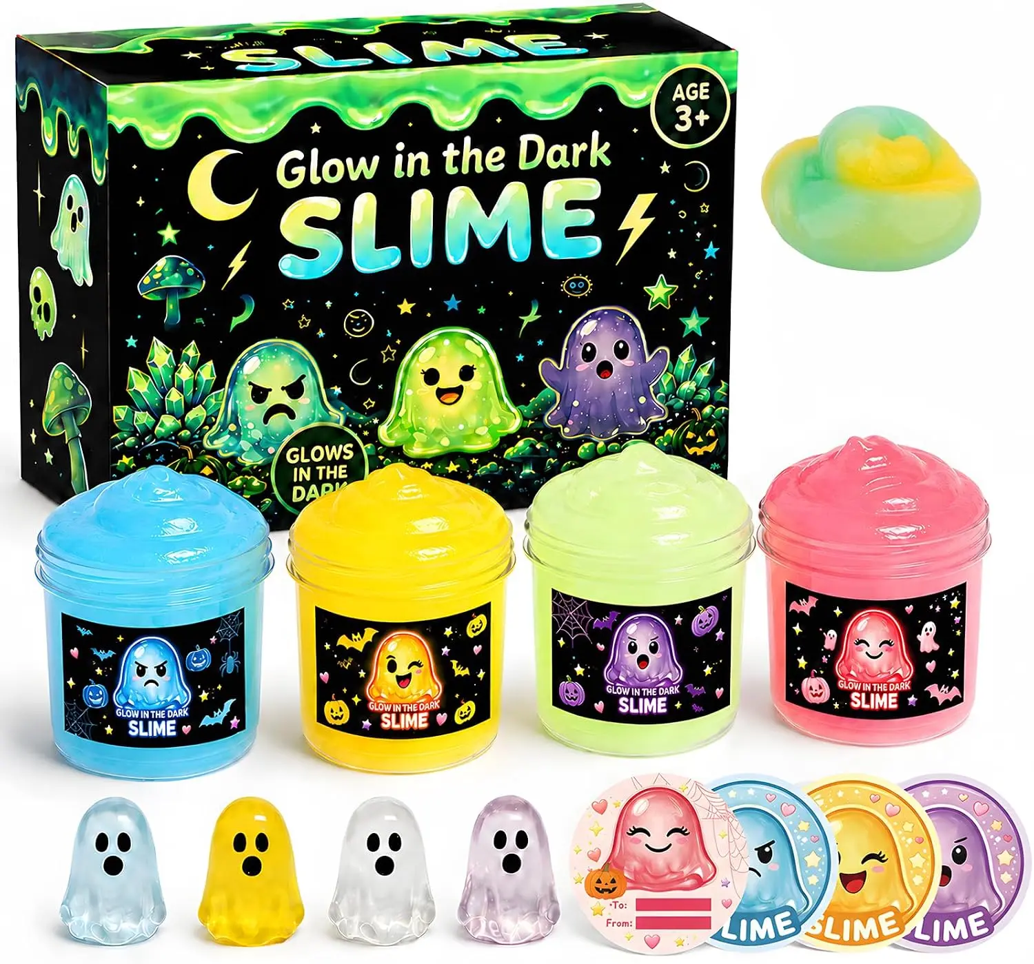 4 Pack Glow in the Dark Slime Kit for Kids, Soft Slow-Stretch Slime with Ghost Charms, Character Cards & Bottle Stickers, Sensory Fidget Toys, Halloween Party Favors Birthday Gifts Ages 3+