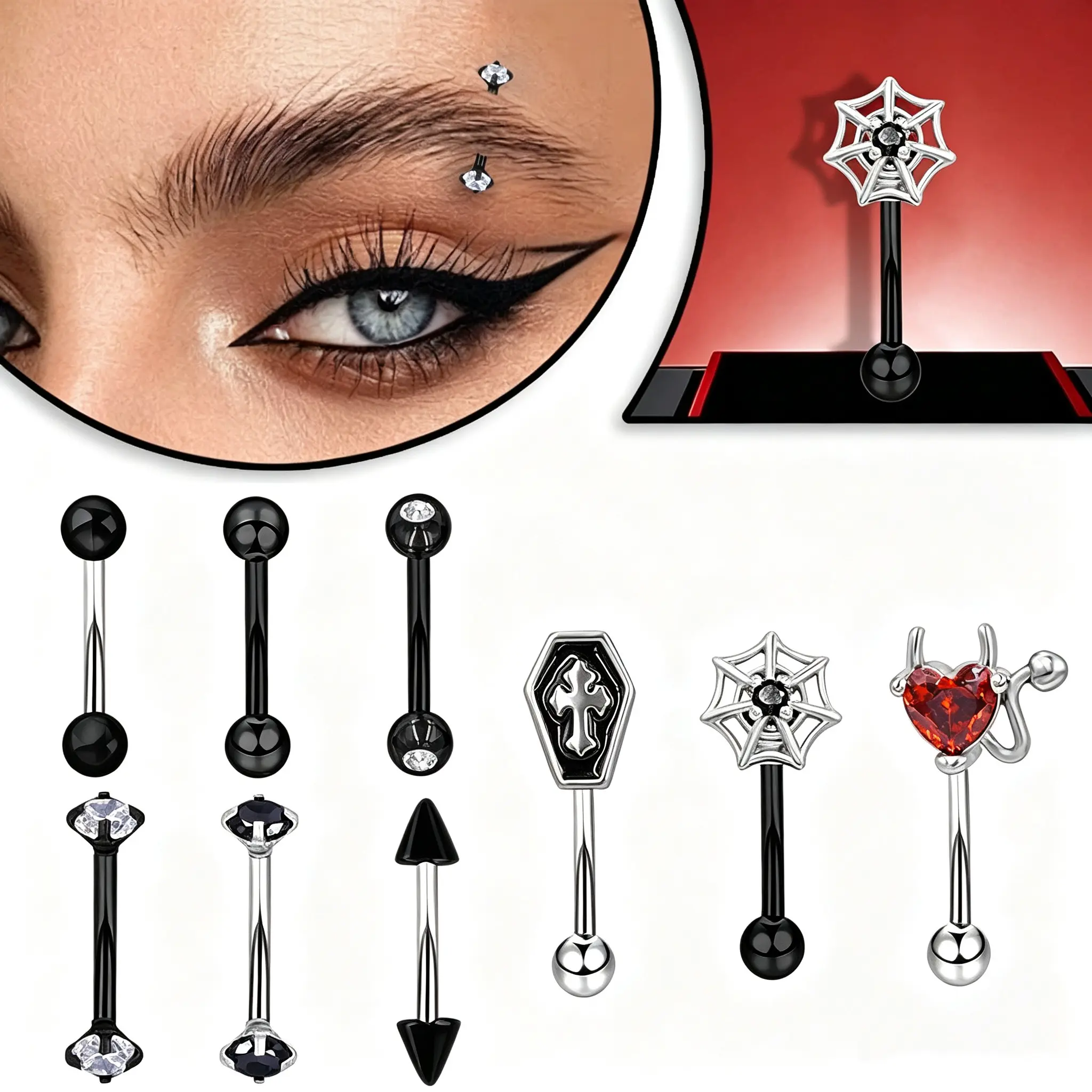 9PCS Gothic Halloween Piercing Jewelry Surgical Steel Eyebrow Rings Set Rook Rings