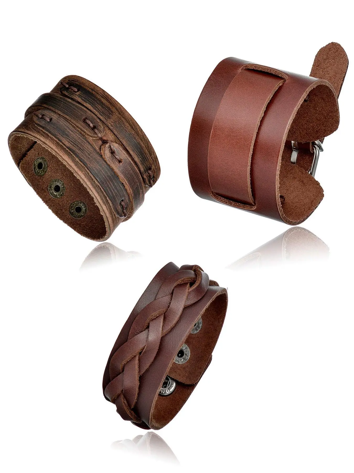 3 Pcs Leather Cuff Bracelet Set Vintage & Fashionable Style (Adjustable Size, Multi-Design: Braided/Stitched, Genuine Leather Material) for Men & Women (Daily Wear & Fashion Styling) Adjustable Bracelets Bracelet Bundle