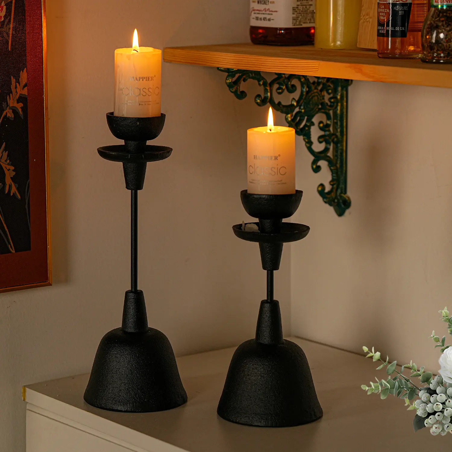 Sungmor Cast Iron Pedestal Candle Holder Set - 2 Sizes (9.25in/12.4in Tall, Black/Rustic Brown), Freestanding Vintage Stands for Fireplace Mantle, Tabletop Decoration Home Decor Accessories