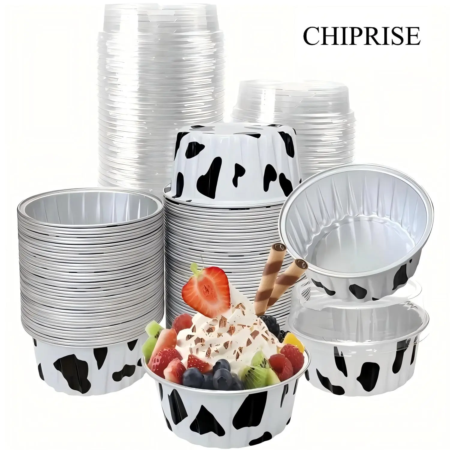50 mini aluminum foil cupcake cups, 5 oz. lidded baking cups, disposable mini cake molds, lidded bread pans, disposable baking bowls, tin cups, cupcakes, puddings, muffins (cow print)