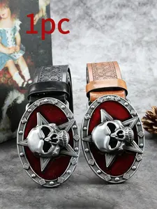 Men's Punk Style Skull Buckle Belt, Vintage Floral Star Grid Waistband, Versatile Casual Pants Strap, Unique Fashion Accessory