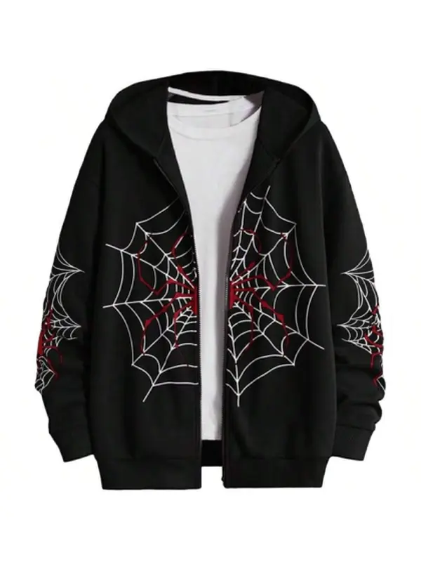 Y2K Spider Web Print Zip Up Hoodie, Men's Oversized Long Sleeve Hooded Jacket, Streetwear Loose Fit Full Zip Sweatshirt for Casual Daily Wear