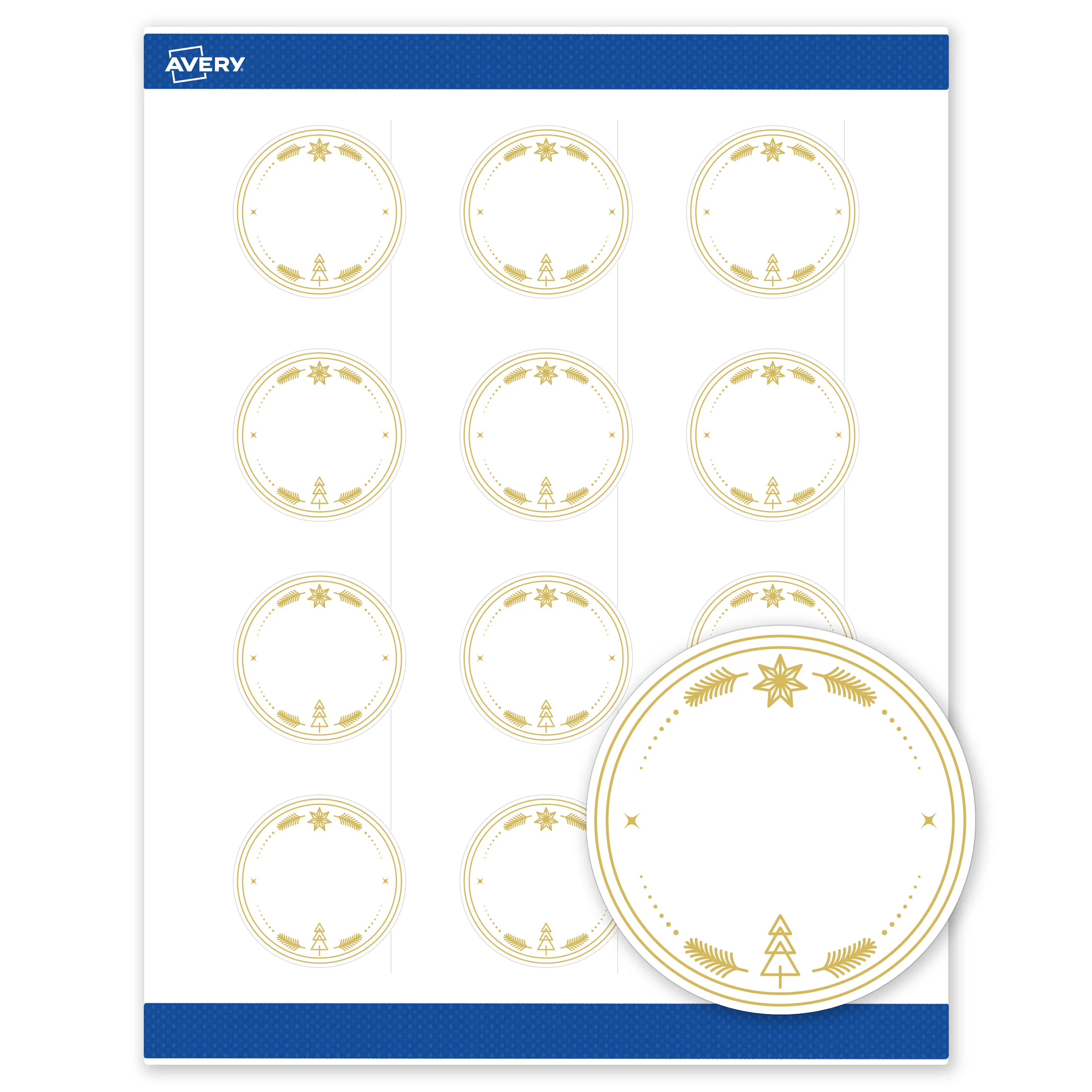 Avery® Printable Christmas Labels with Sure Feed® Technology, Round, 2" Diameter, Pre-Printed Metallic Gold Christmas Trees Design, Matte White, Laser & Inkjet Compatible, 120 Total