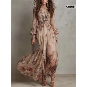 Casual Gown with a Vintage Floral Chiffon Design, Featuring a Crew Neck, Long Sleeves, And a Ruched Waist