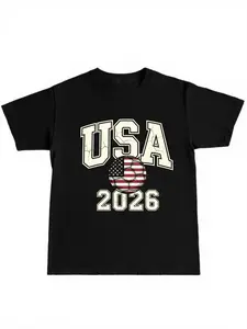 Usa 2026 American Retro Flag Football Print T-Shirt, Heavy Cotton Loose Short Sleeve, Usa Team Fan Support Shirt, Casual Fit