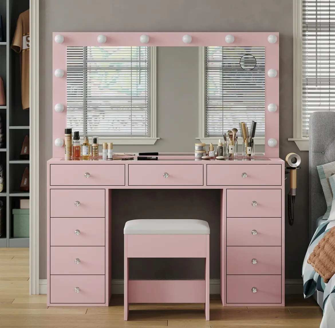 Vanity Desk with Mirror, 11 Drawers, LED Lights, Chair, Pink Makeup Set