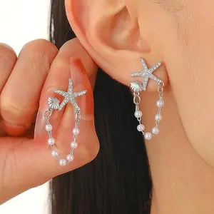 BloomWish S Seashell Starfish Earrings Beach Jewelry for Women Pearl Drop Shell Earrings Ocean Beachy Fashion Accessories Womens Summer Outfits 2026 Tropical Vacation Outfits Beach Vacation Clothes Dresses
