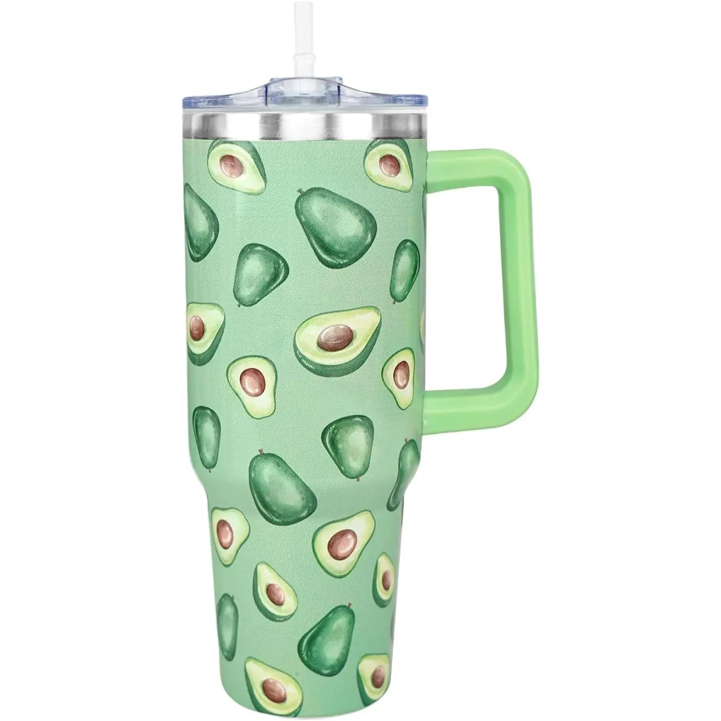 40 Oz Insulated Stainless Steel Printed Avocado Tumbler - Vacuum Flask Water Bottle with Handle & Straw Lid, Portable Beverage Drink Mug for Indoor Coffee/Tea, Avocado Lover Gift for Women, Mom, Father's Day