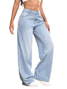 Teen Girls High Waisted Baggy Jeans, Summer Dark Washed Wide Leg Denim Jeans, Loose Straight Trousers Light Jeans 12-16y Dark Washed Pants Casual Streetwear Jeans