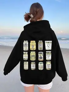 【Plus Size】 Cartoon Pickle Jar Print Drop Shoulder Hoodie, Fashion Casual Drawstring Pocket Hooded Sweatshirt for Daily Holiday Outdoor Wear, Women Clothing for Fall & Winter