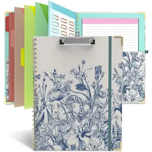 Clipboard Folio with Storage 8.5 X 11 Padfolio Notebook, Clipboards with Notepad Spiral with 10 Pockets and 5 Folders  Teacher School Essentials (Blue Florals)