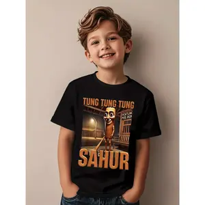 Tung Tung Tung Sahur AI Monster Italian Brainrot Graphic Boys' T-Shirt - Black Short Sleeve Casual Tee with Playful Geometric Design, Machine Washable & All-Season Comfort for Youngsters, Youngsters Graphic Shirt, Youngsters Round Neckline