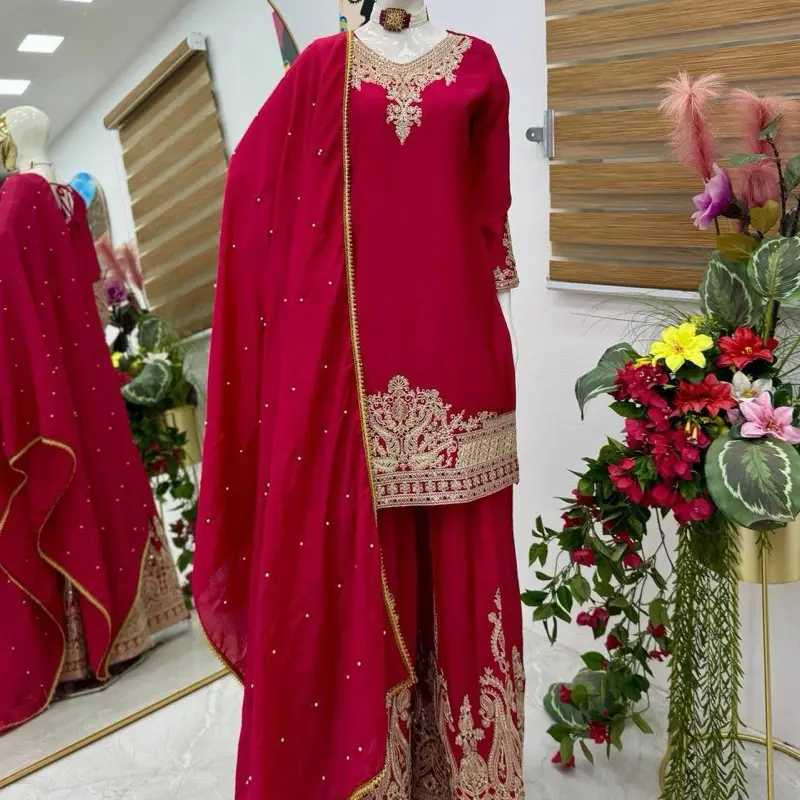 Women chinnon Silk Plazo Sharara Indian Wedding Collection Blue Party Wear Suit for Women's Dress with Sequenced Thread Work & Full Stitched Plazo 5852 Series