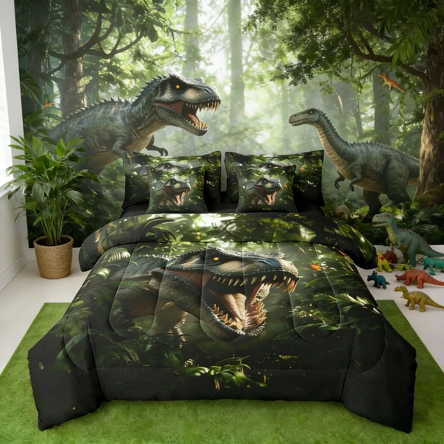 Dino 7 Piece Bedding Set for Kids Boys Girls Dinosaur Comforter Set with Sheets,Pillowcases & Cushion Cover 3D Dino Print Wildlife Bed in a Bag Bedroom Decor Soft Microfiber Wild Animal