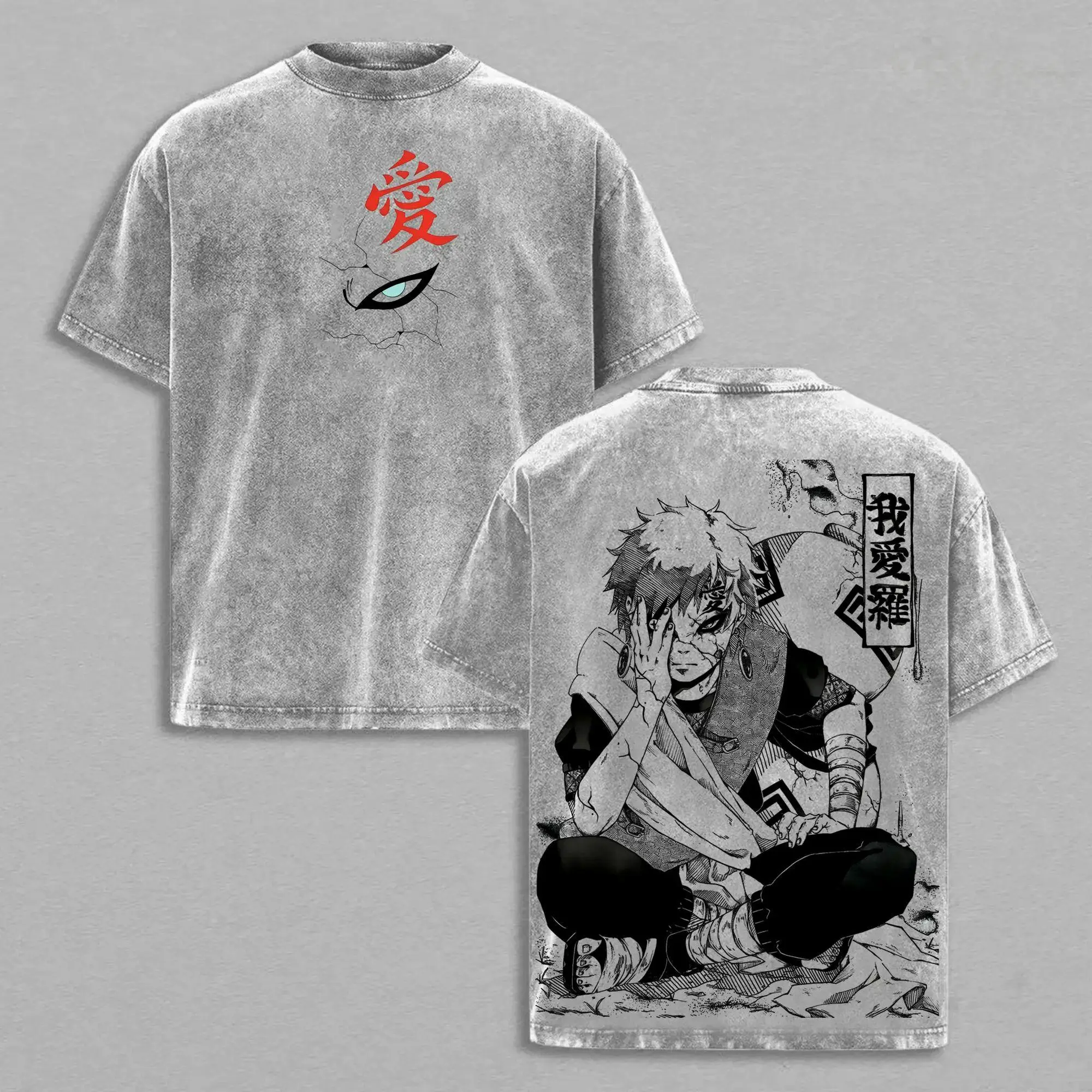 Naruto Gaara Oversized Graphic Tee Vintage Acid Wash Anime T Shirt Y2K Streetwear Gym Pump Cover Heavyweight Cotton Mens Retro Manga Merch Tiktok Finds Trendy Dark Aesthetic Workout Fit Casual Top Japanese Activewear Shippuden Gift Clothing