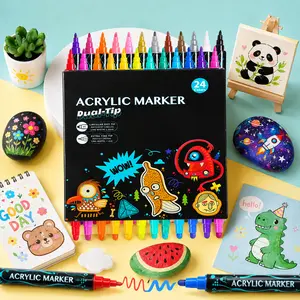 24-Color Acrylic Markers, Dual-Tip Paint Pens for Rock Painting, DIY Art Supplies - Fine Detail & Dot Tips for Kids, Adults (Works on Wood, Canvas, Ceramic, Glass)